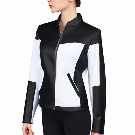 An image featuring a stylish woman wearing the Bilt Calypso 2 Women's Jacket, showcasing its sleek black design with contrasting white stitching, a high collar, and a fitted silhouette that flatters her figure