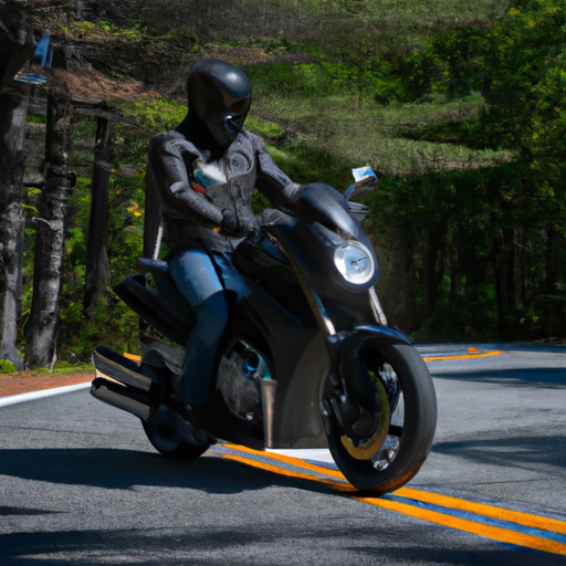 An image showcasing the Bilt Evolution Jacket in action: A motorcyclist confidently navigating a winding mountain road, their sleek black jacket gleaming under the sunlight, exuding both style and protection