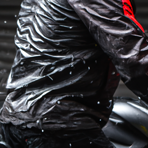 An image showcasing the Bilt Shadow Waterproof Jacket in action: a motorcyclist navigating through pouring rain, the sleek black jacket glistening with droplets, while the rider remains dry and comfortable inside